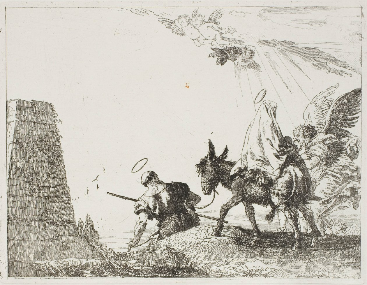 Die Heilige Familie passiert eine Pyramide, Platte zwanzig aus Die Flucht nach Ägypten von Giovanni Domenico Tiepolo