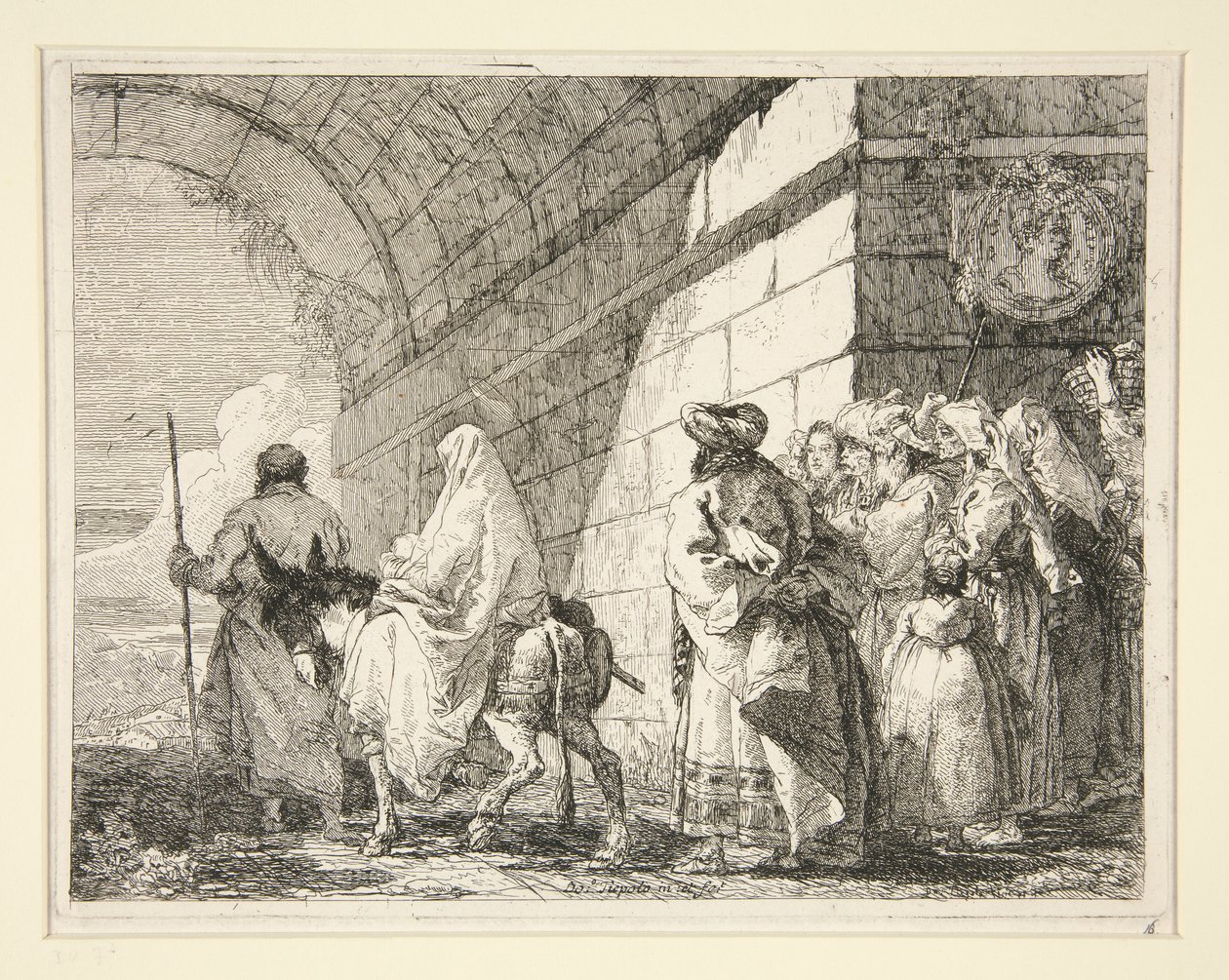 Die Heilige Familie unter einem Bogen hindurchgehend, die Stadt durch ein Tor verlassend, aus der Serie Idee pittoresche sopra la fuga in Egitto (Flucht nach Ägypten) von Giovanni Domenico Tiepolo