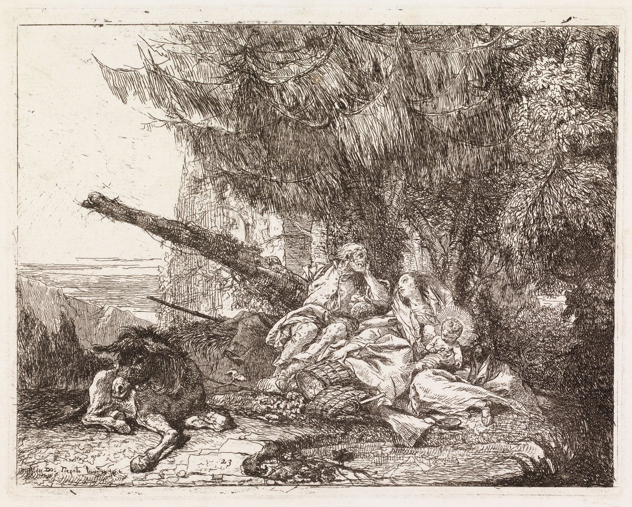 Die unter einer Tanne rastende Heilige Familie (Die Flucht nach Ägypten XXIII) von Giovanni Domenico Tiepolo