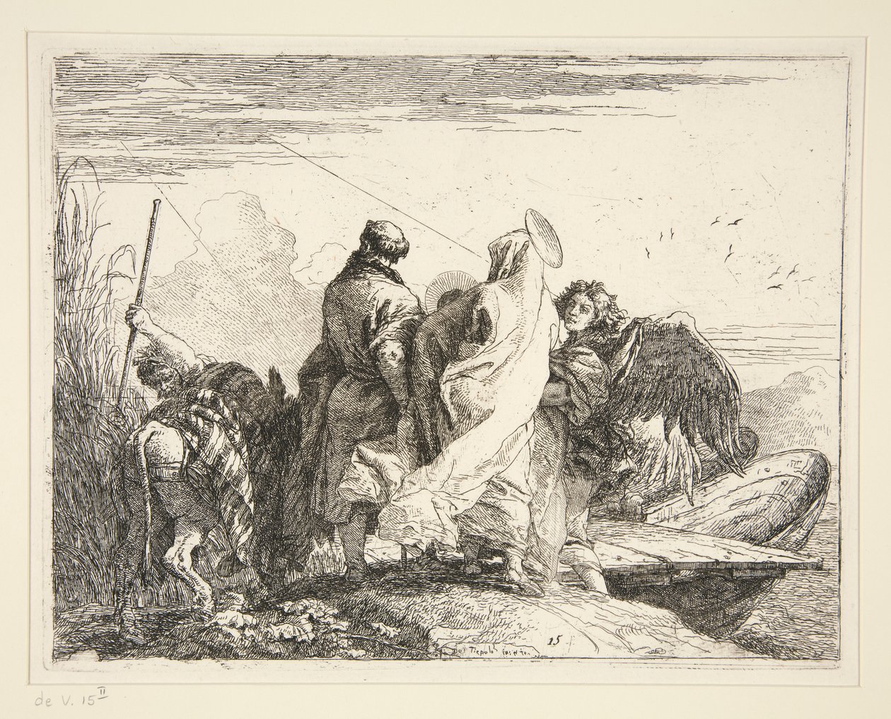 Die Heilige Familie an einem Fluss, aus der Serie Idee pittoresche sulla fuga in Egitto (Flucht nach Ägypten) von Giovanni Domenico Tiepolo