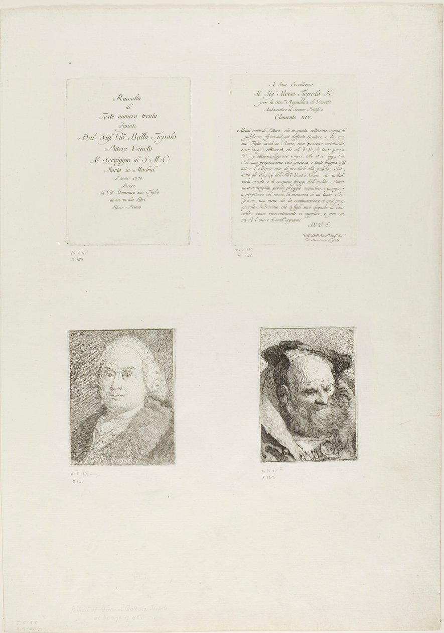 Titelseite, Widmung, Porträt von Giambattista Tiepolo, bärtiger alter Mann von Giovanni Domenico Tiepolo