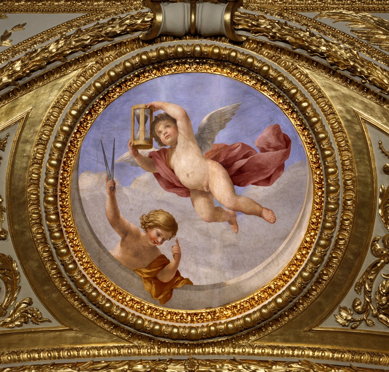 Liebe der Klugheit. Gemälde von Giovanni Romanelli (1601-1662), das die Decke der Antoninischen Halle, das Schlafzimmer der Sommerwohnungen von Königin Anna von Österreich (1601-1666) schmückt. Um 1655-1658. Paris, Louvre Museum von Giovanni Francesco Romanelli