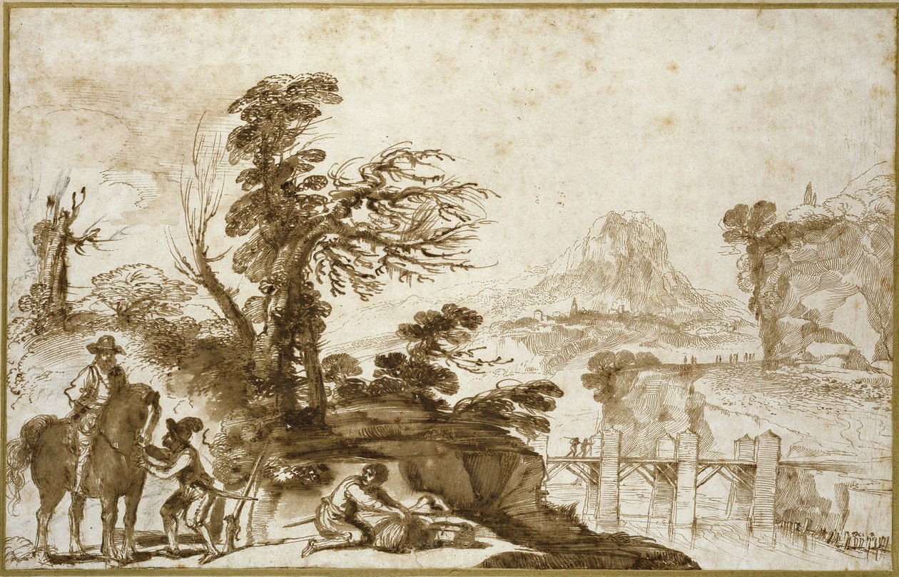 Landschaft mit einem Reiter und einer Brücke von Giovanni Francesco Barbieri