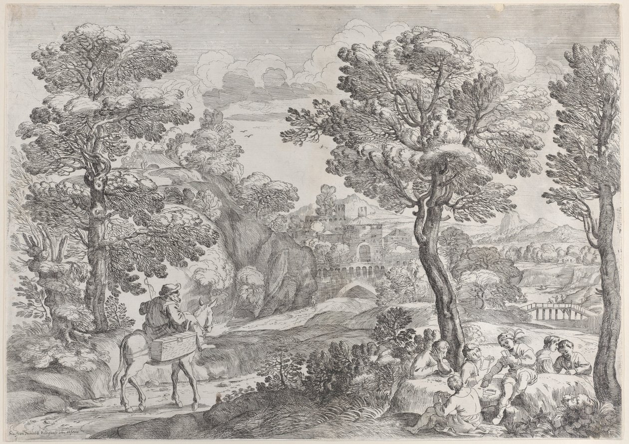 Eine Gruppe von Menschen spielt Karten rechts und ein Mann zu Pferd links, 1626-80 von Giovanni Francesco Grimaldi