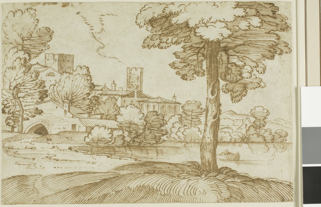 Landschaft mit einem großen Baum rechts und einer fernen Ansicht einer Stadt links von Giovanni Francesco Grimaldi