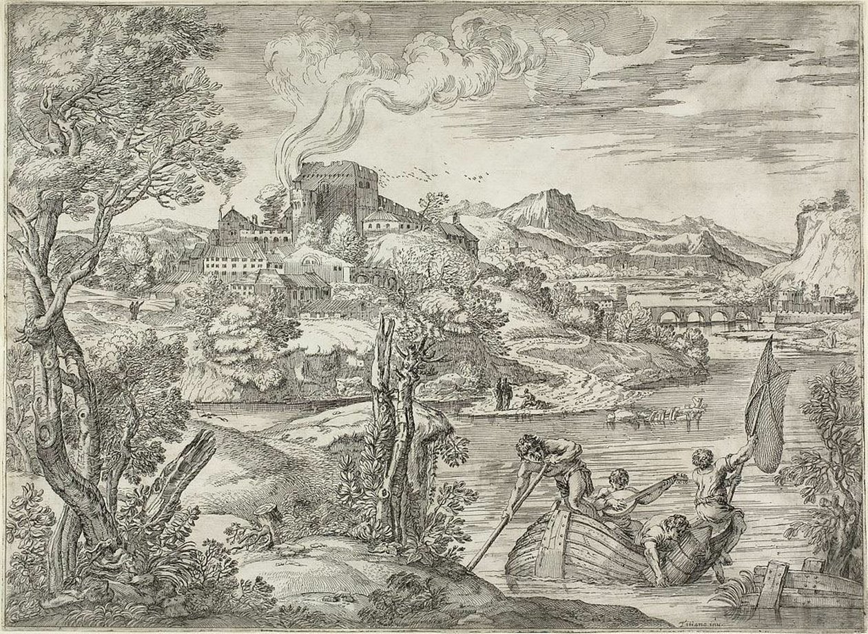 Landschaft mit Lautenspieler von Giovanni Francesco Grimaldi