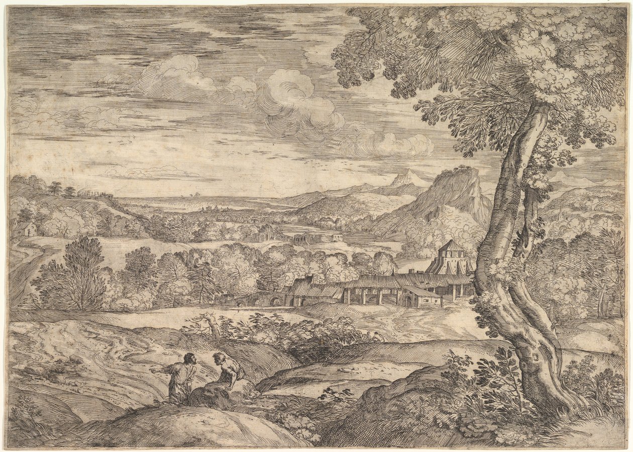 Landschaft mit einer Ziegelei im Mittelgrund, ein stehender Mann im Vordergrund, 1626-80 von Giovanni Francesco Grimaldi