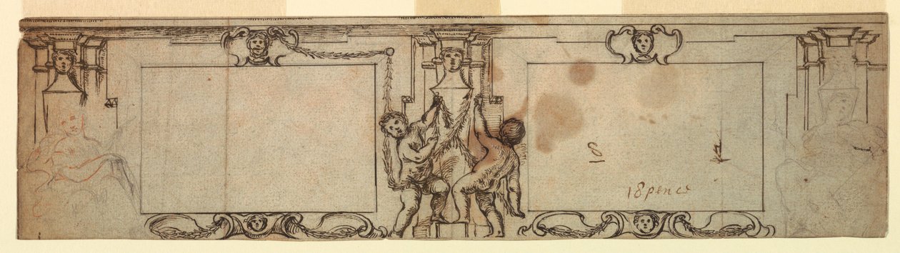 Zeichnung, Entwurf für geschnitzte Wandverkleidung, 1650 von Giovanni Francesco Romanelli