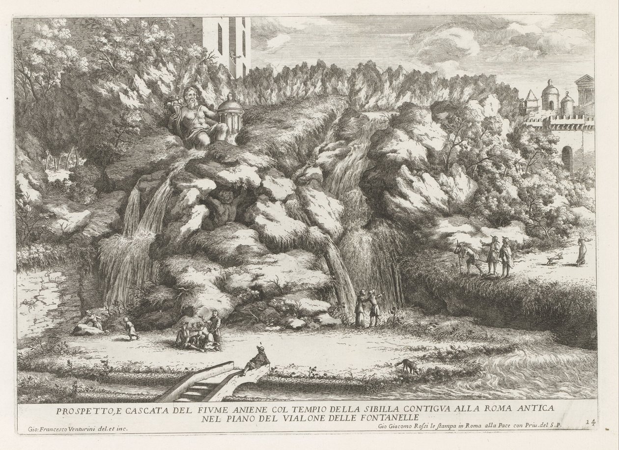 Landschaft mit Kaskade und Tempel der Tiburtinischen Sibylle in Tivoli von Giovanni Francesco Venturini
