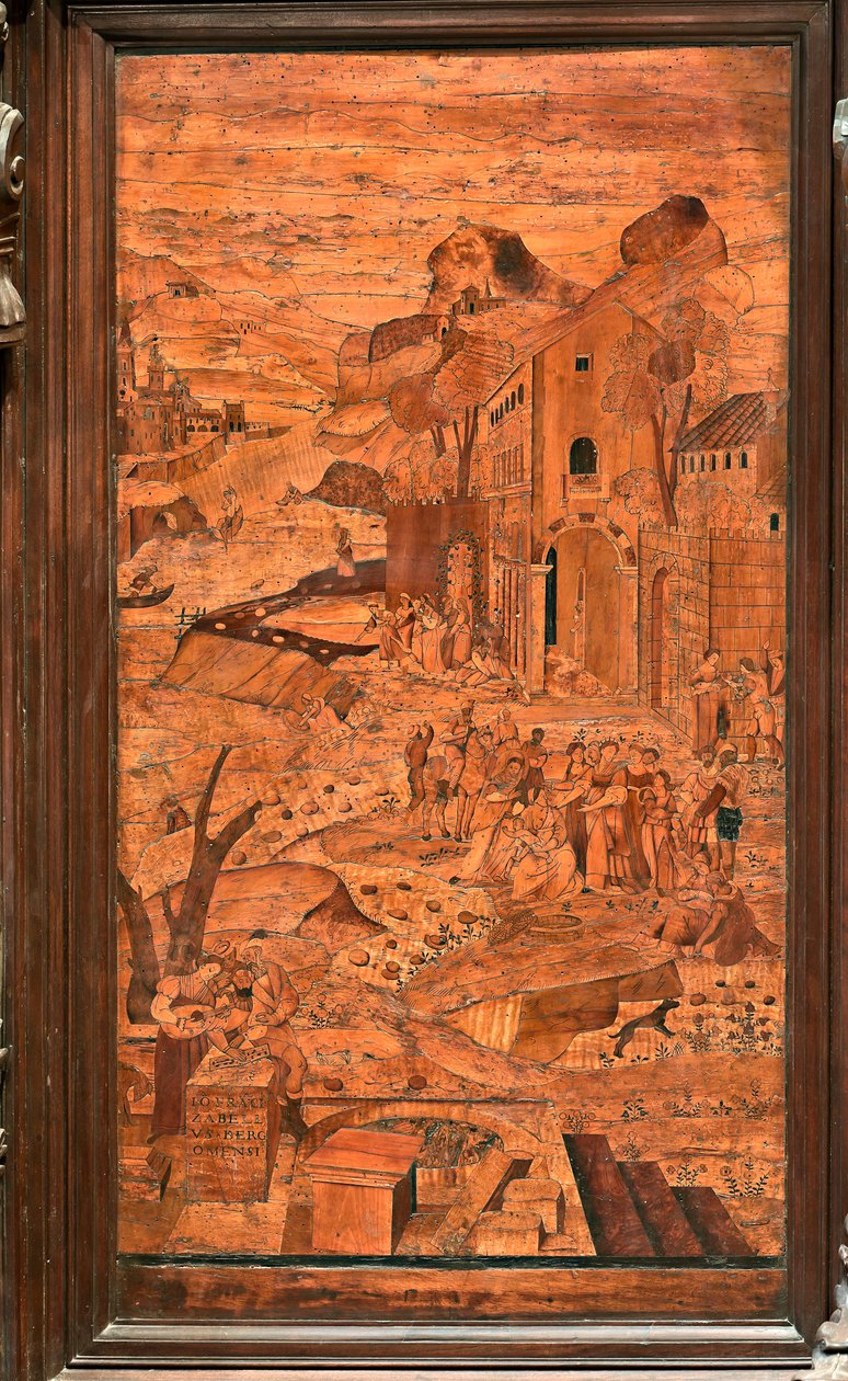 Genua, Duomo (St. Laurentius-Kathedrale), innen, Apsis, Chor, Nordseite: "Moses aus den Wassern gerettet", Holzeinlegearbeit von Giovanni Francesco Zambelli (16. Jahrhundert) von Giovanni Francesco Zambelli