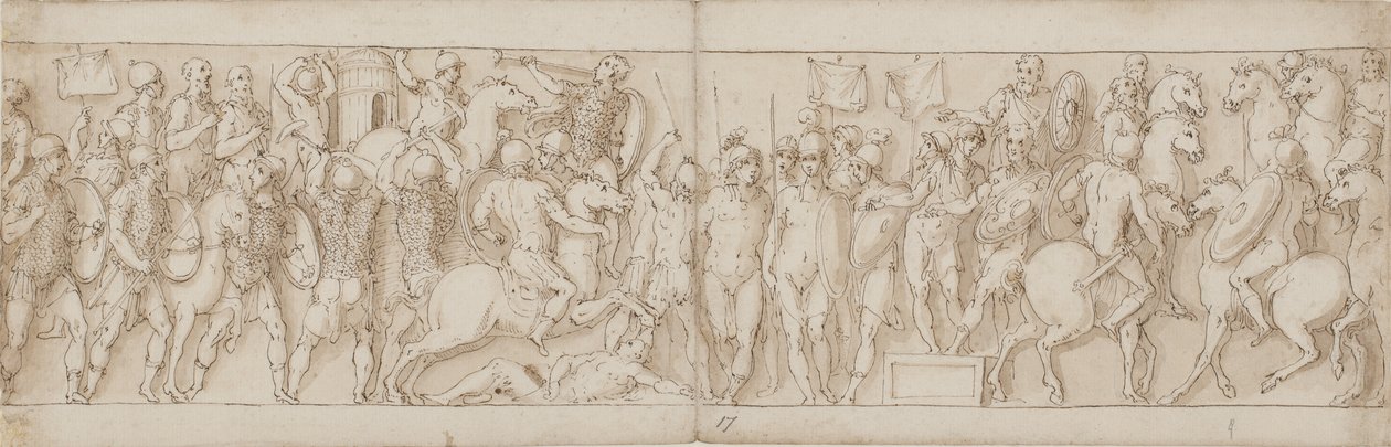 Ein sarmatisches Dorf wird unter den Augen des Kaisers zerstört; Barbaren schauen von einem Stand aus zu; Marcus Aurelius empfängt einen berittenen deutschen Boten von Giovanni Guerra