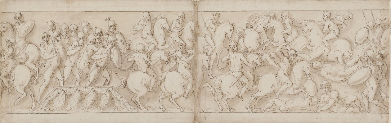 Marcus Aurelius setzt über einen Kai mit Infanterie und Kavallerie (CVIII); die Sarmaten werden von vorrückenden Römern zurückgeschlagen (CIX) von Giovanni Guerra