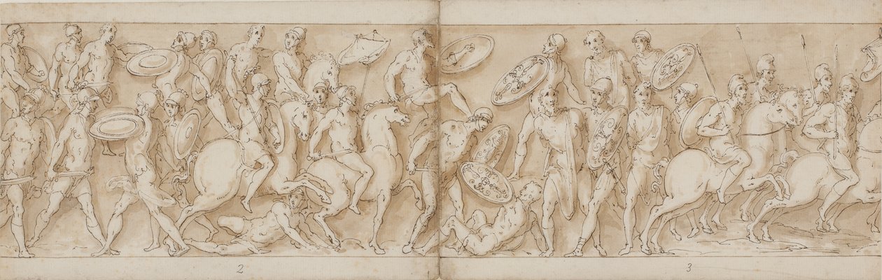 Römischer Angriff (Ende von LXXVI); barbarische Häuptlinge werden gefangen genommen (LXXVII); Aufbruch zu einer Schlacht mit den Sarmaten (Anfang von LXXVIII) von Giovanni Guerra