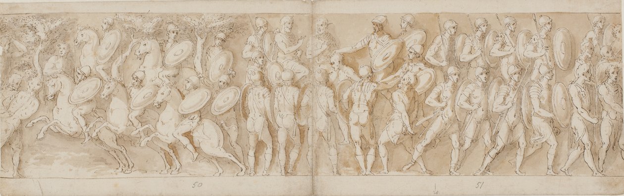 Römische Kavallerie (LXV); ein abgetrennter Kopf (von Guerra als Gefangener interpretiert) und ein deutscher Gefangener werden vor den Kaiser gebracht (LXVI); vorrückende Römer (LXVII) von Giovanni Guerra