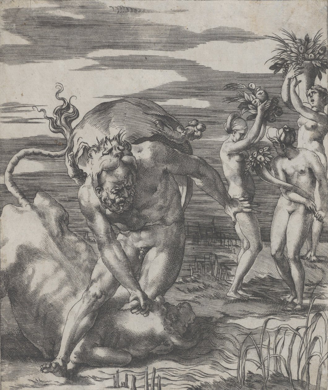 Herkules besiegt den Flussgott Achelous in Form eines Stiers, mit drei Frauen t..., ca. 1526-27 von Giovanni Jacopo Caraglio