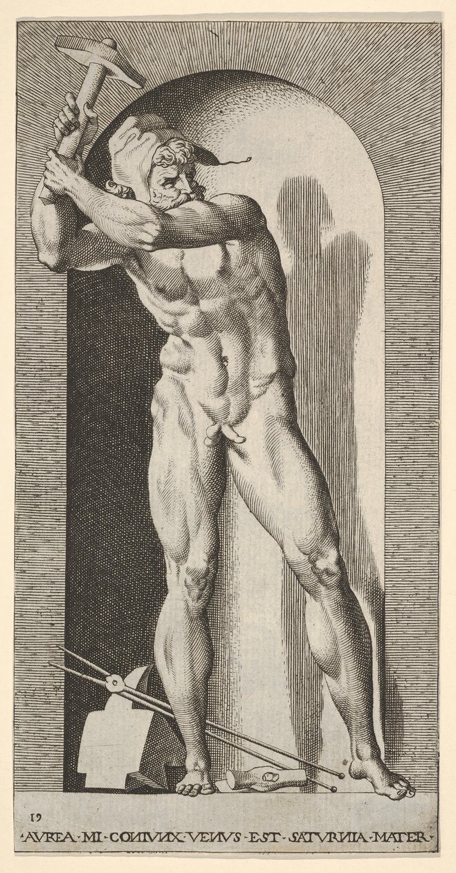 Vulkan steht in einer Nische und schwingt einen Hammer, mit einem Amboss, Hammer und Zangen, 1526 von Giovanni Jacopo Caraglio