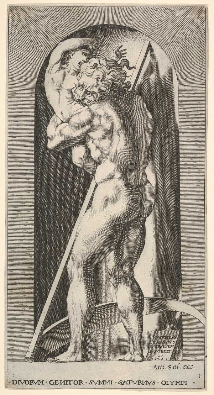 Tafel 1: Saturn in einer Nische, der seinen Sohn verschlingt, vor einer Sense stehend, aus einer Serie von..., 1526 von Giovanni Jacopo Caraglio