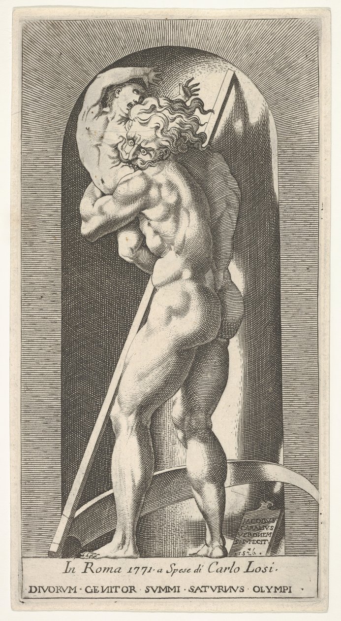Platte 1: Saturn in einer Nische, der seinen Sohn verschlingt, vor einer Sense stehend, aus einer Serie von... von Giovanni Jacopo Caraglio
