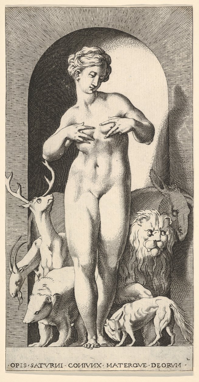 Tafel 2: Ops steht in einer Nische mit den Händen an ihren Brüsten, schaut nach links, mit ..., 1526 von Giovanni Jacopo Caraglio