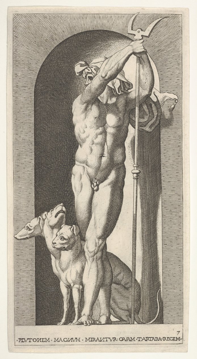 Tafel 7: Pluto in einer Nische, hält einen Zweizack, mit Cerberus neben ihm, aus einer Serie von..., 1526 von Giovanni Jacopo Caraglio