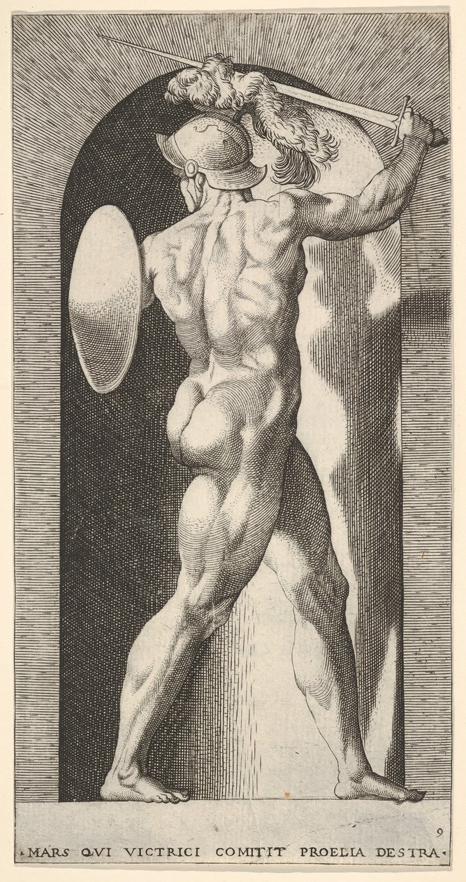 Tafel 9: Mars in einer Nische, hält ein Schwert über seinem Kopf mit dem rechten Arm und einem Schild von Giovanni Jacopo Caraglio