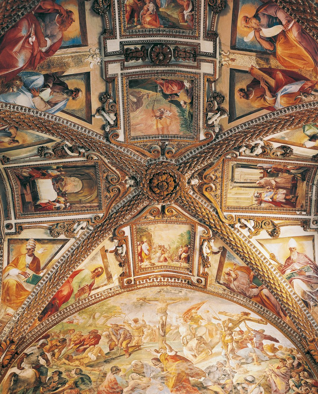 Gewölbedetail des Presbyteriums, Darstellung der Kreuzigung und Szenen aus dem Alten und Neuen Testament von Giovanni Lanfranco