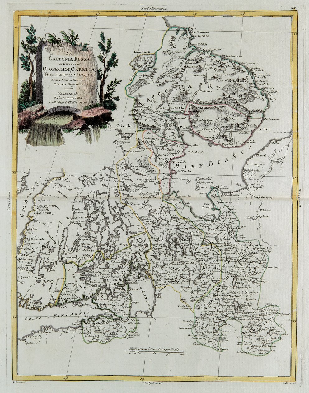 Russisch-Lappland mit den Gouvernements Olonecholi, Karelien, Bielozero und Ingermanland in Europäisch-Russland, aus Tome III des "Neuen Atlas", graviert von G. Zuliani von Giovanni Marco Pitteri
