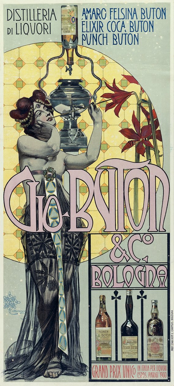 Werbeplakat der Likördestillerie Gio Buton und C Bologna von Giovanni Maria Mataloni