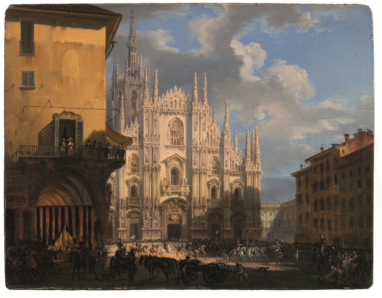 Ansicht der Piazza Duomo mit dem coperto dei Figini und dem isolato del Rebecchino, Mailand von Giovanni Migliara