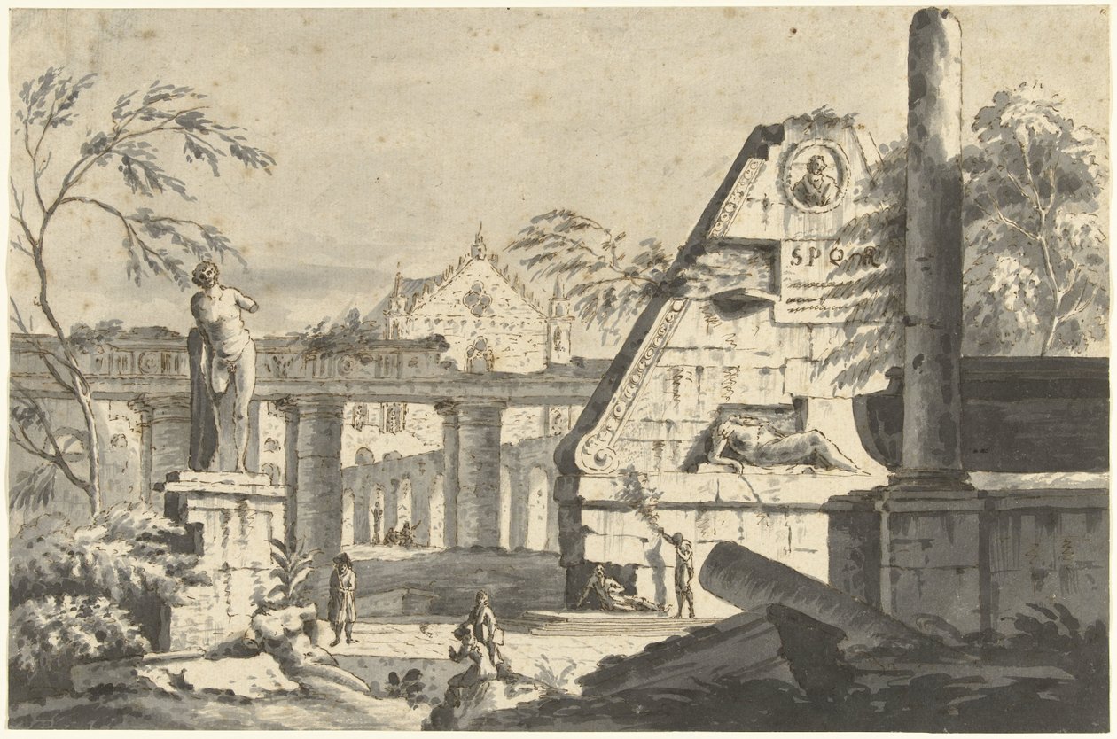 Landschaft mit antiken Ruinen von Gebäuden und Statuen von Giovanni Paolo Pannini (possibly)