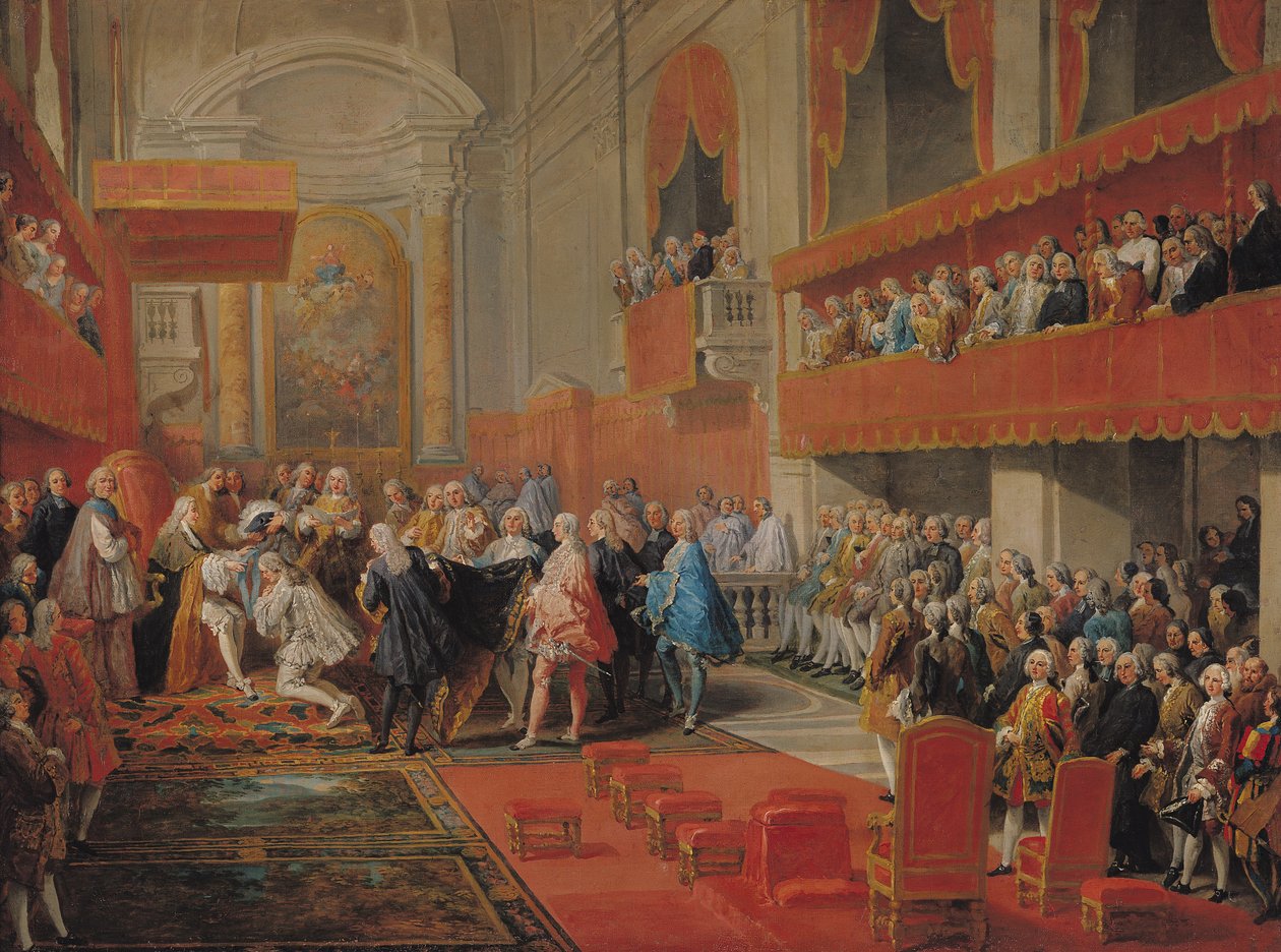 Verleihung des Ordens des Heiligen Geistes an Prinz Vaini durch Paul-Hippolyte de Beauvillers (1684-1776), Herzog von Saint-Aignan, 1732, ca. 1752 von Giovanni Paolo Pannini