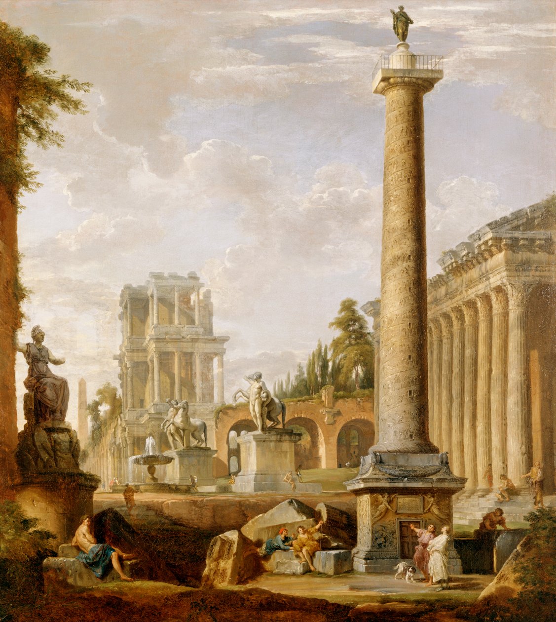 Capriccio römischer Ruinen mit der Trajanssäule von Giovanni Paolo Pannini