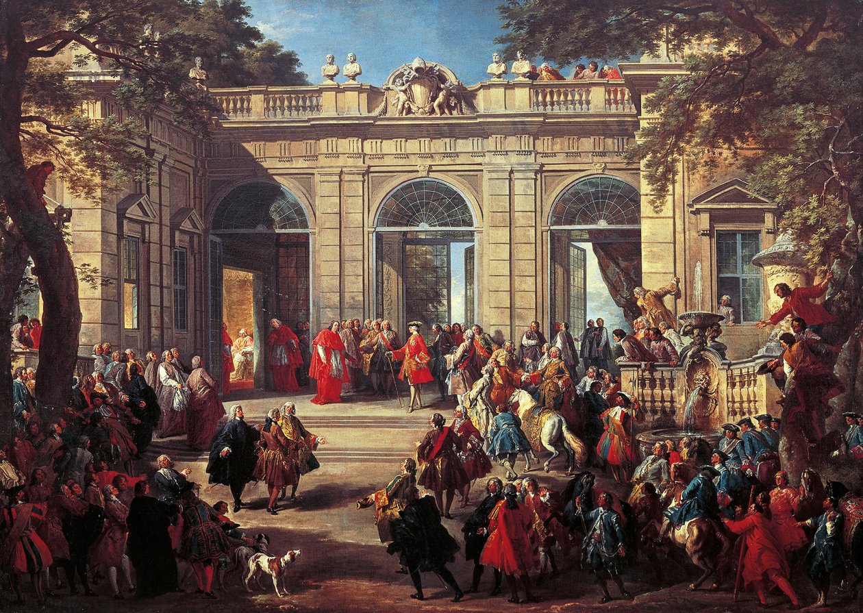 Karl III. von Bourbon bei einem Besuch bei Papst Benedikt XIV. im Kaffeehaus des Quirinals von Giovanni Paolo Pannini