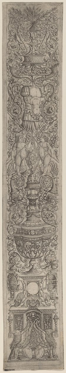 Ornamenttafel: Greifen und zwei Amoretten, die Hellebarden kreuzen von Giovanni Pietro Birago and Zoan Andrea