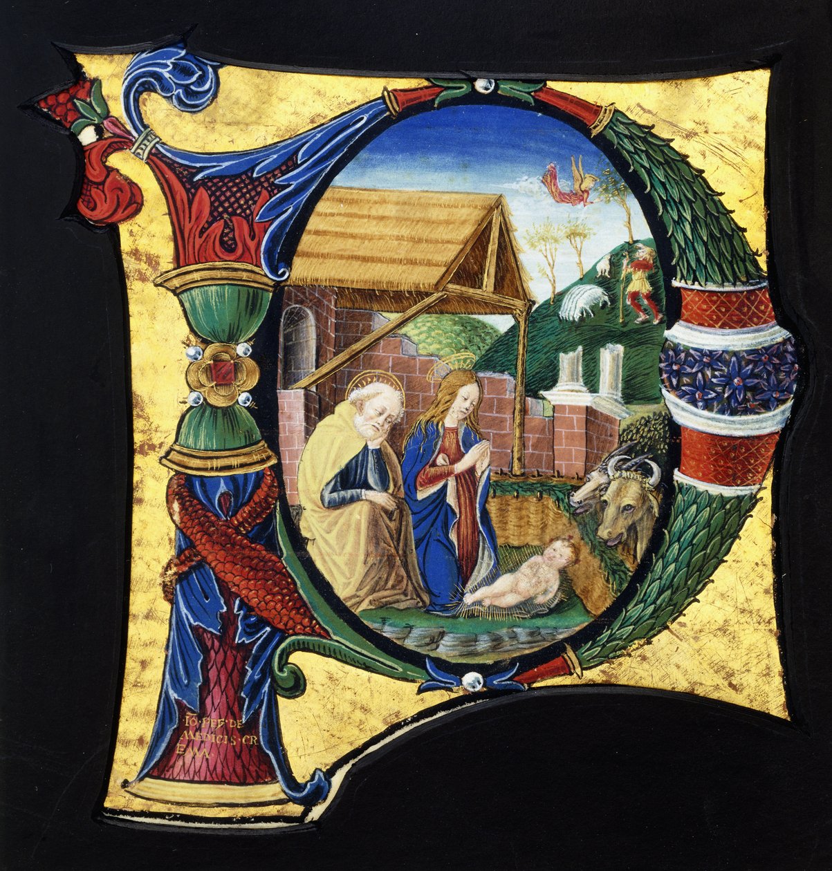 Ein großes historiertes Initial "P", das eine Geburtsszene darstellt, ca. 1490 von Giovanni Pietro Medici Da Crema