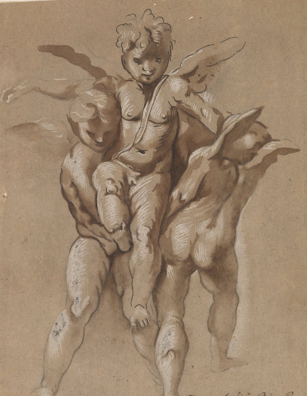 Zwei Putti tragen einen dritten Putti (recto); Ein Jüngling mit einem Stab (verso) von Giovanni Pietro Possenti