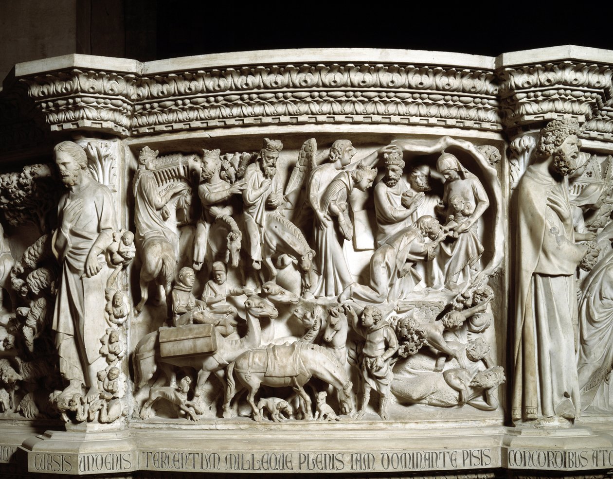 Detail der Reliefs des Stuhls: Die Reise und die Anbetung der Heiligen Drei Könige (Detail) von Giovanni Pisano