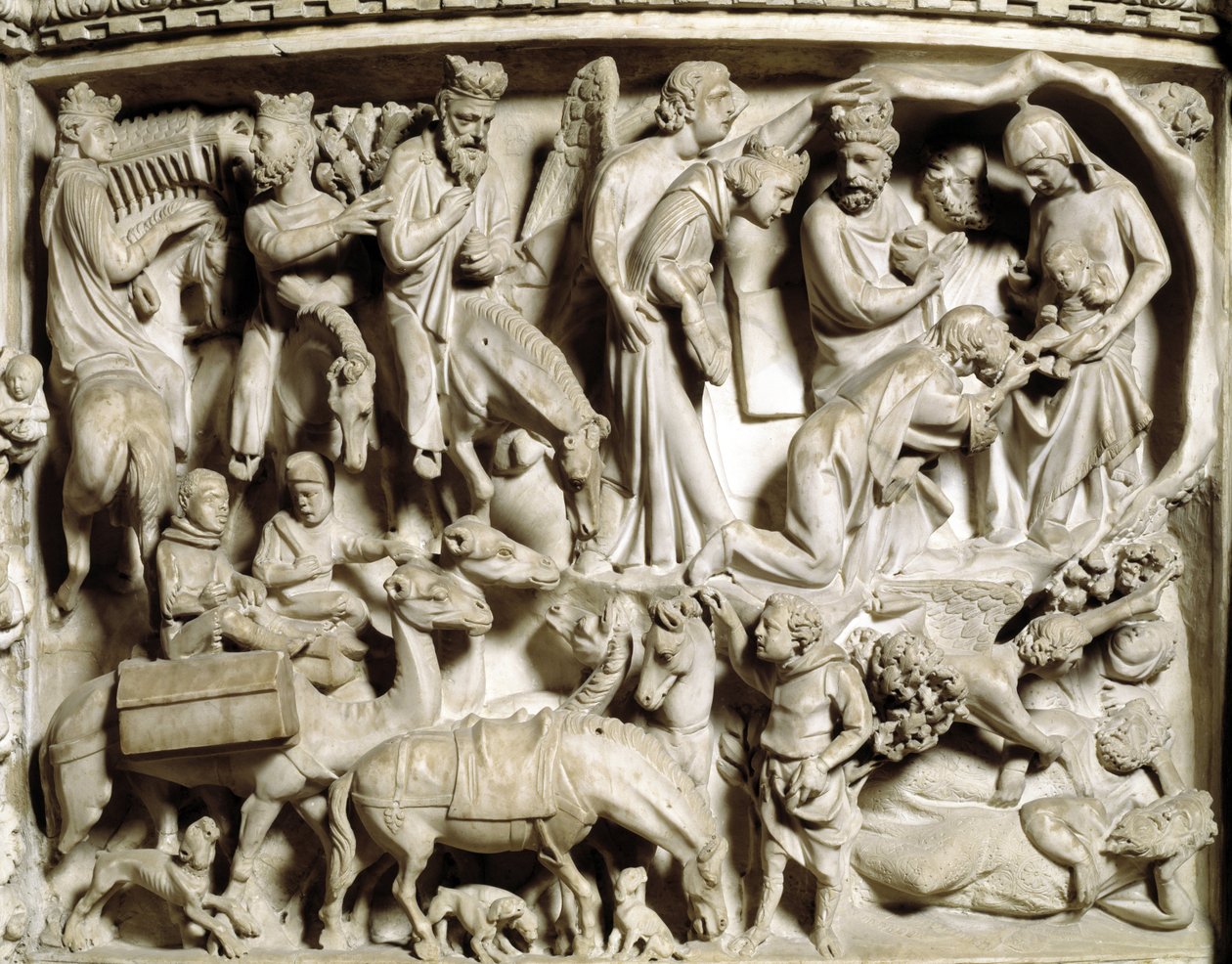 Detail der Reliefs des Stuhls von Giovanni Pisano: Die Reise und die Anbetung der Heiligen Drei Könige (Detail der Reliefs des Marmorpults) von Giovanni Pisano