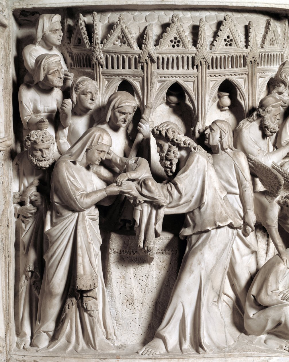 Detail der Reliefs des Stuhls von Giovanni Pisano: Die Darstellung Jesu im Tempel (Detail der Reliefs des Marmorpults) von Giovanni Pisano