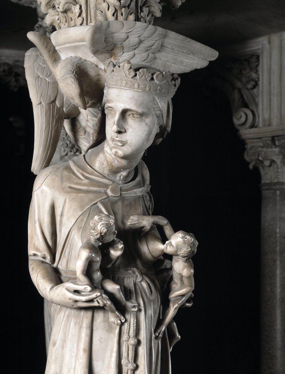 Detail der Skulpturengruppen, die den Stuhl stützen: Die Kirche nährt ihre Kinder (Detail) von Giovanni Pisano