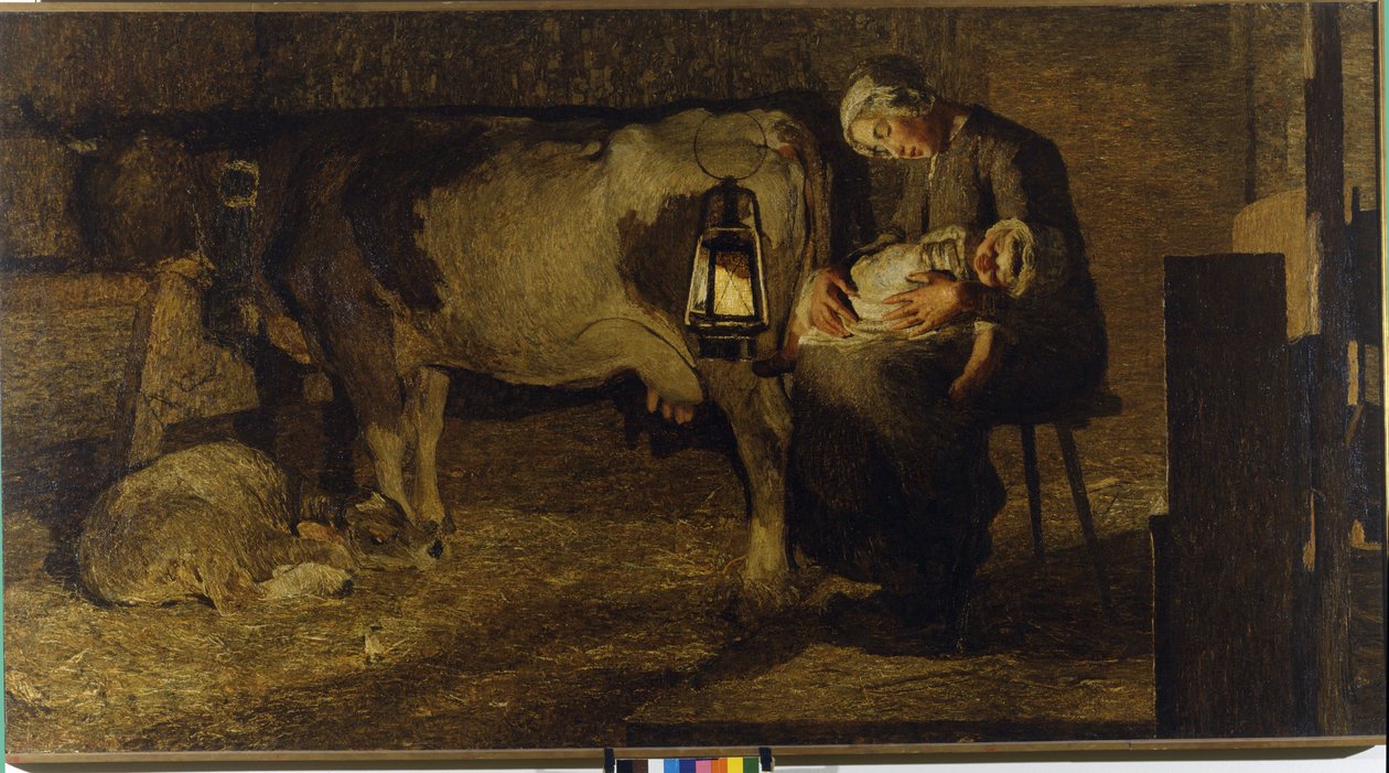 Beide Mütter. Gemälde von Giovanni Segantini (1858 - 1899). 1889. H/T, cm 157x280. Civica Galleria d