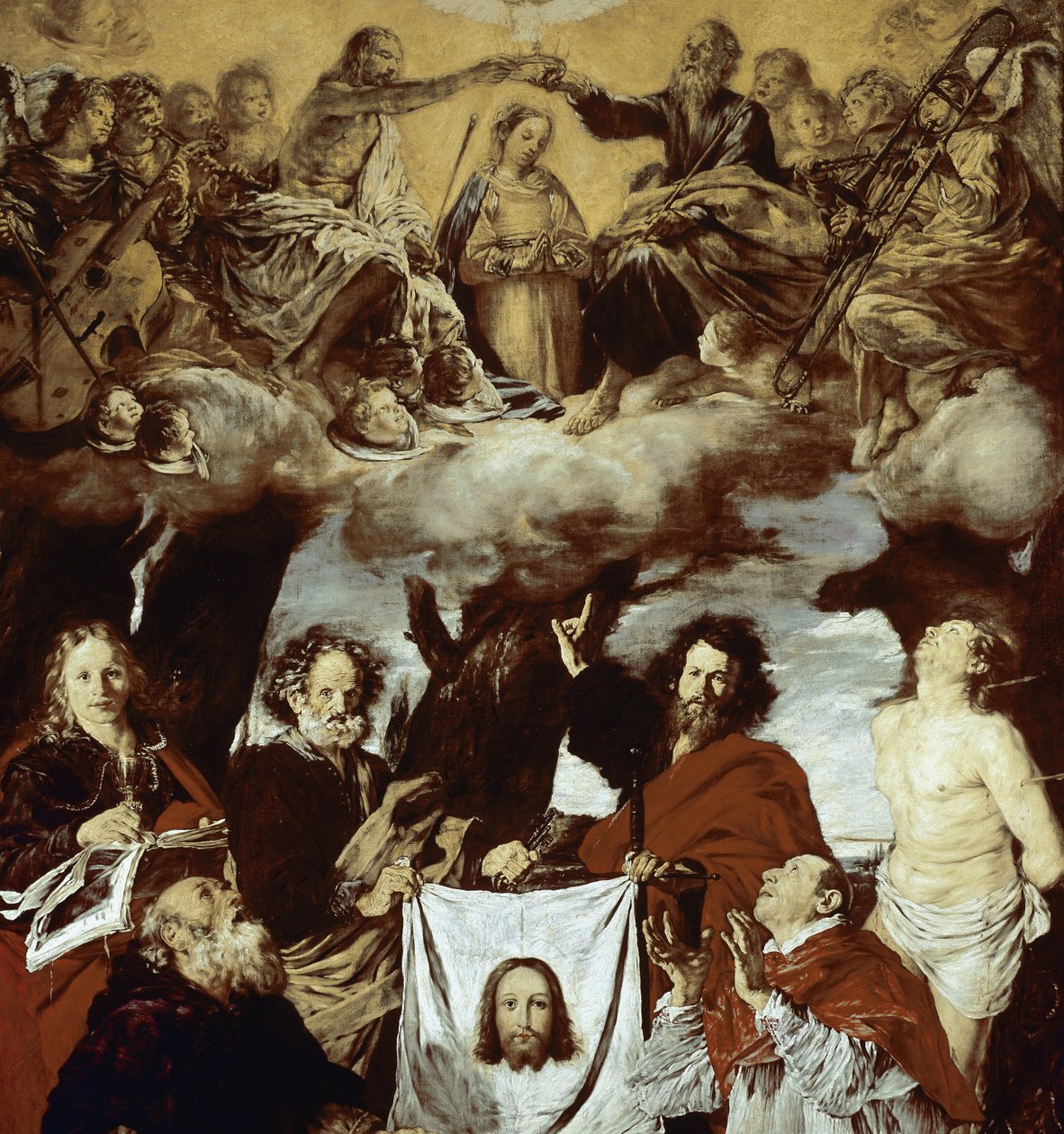 Die Krönung der Jungfrau, das Schweißtuch der Veronika und Heilige (Detail) von Giovanni Serodine