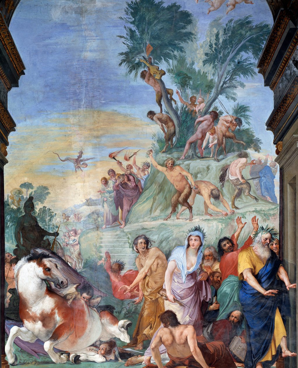 Die Musen und Dichterjagden des Parnassus (Musen und Dichter vom Parnassus vertrieben) Fresko-Detail von Giovanni da San Giovanni (1592-1636) 1634-1642 Museo degli argenti, Palazzo Pitti, Florenz von Giovanni da San Giovanni