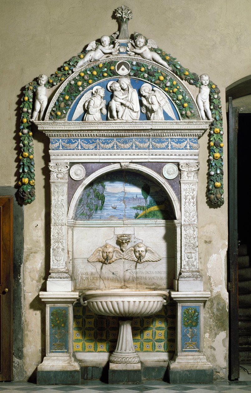 Dekorierter Brunnen mit einem Hochrelief aus Marmor und Terrakotta von Giovanni della Robbia (1469-1529) 1498. Sakristei von Santa Maria Novella, Florenz von Giovanni della Robbia