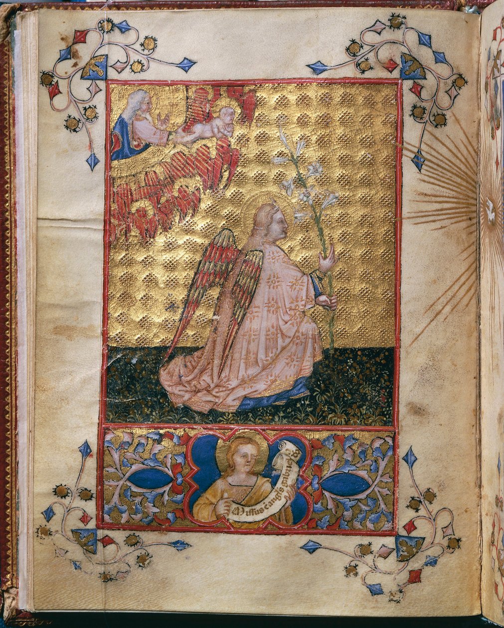 Italien, Verkündigung: der Engel mit einer Lilie, Miniatur von Giovanni di Benedetto da Como, aus Officium Beatae Mariae Virginis von Alberto de Porcelis von Giovanni di Benedetto da Como
