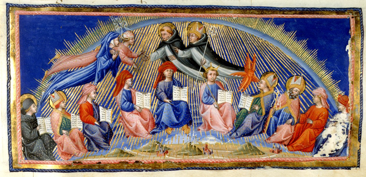 Paradiso, Canto X. Beatrice und Dante schweben neben dem Himmel der Sonne und treffen auf diejenigen, die für ihre Weisheit bekannt sind. Sie werden von St. Thomas von Aquin mit Albertus Magnus begrüßt. Unten sitzen zehn Vertreter der Weisheit; Bede, St. A von Giovanni di Paolo