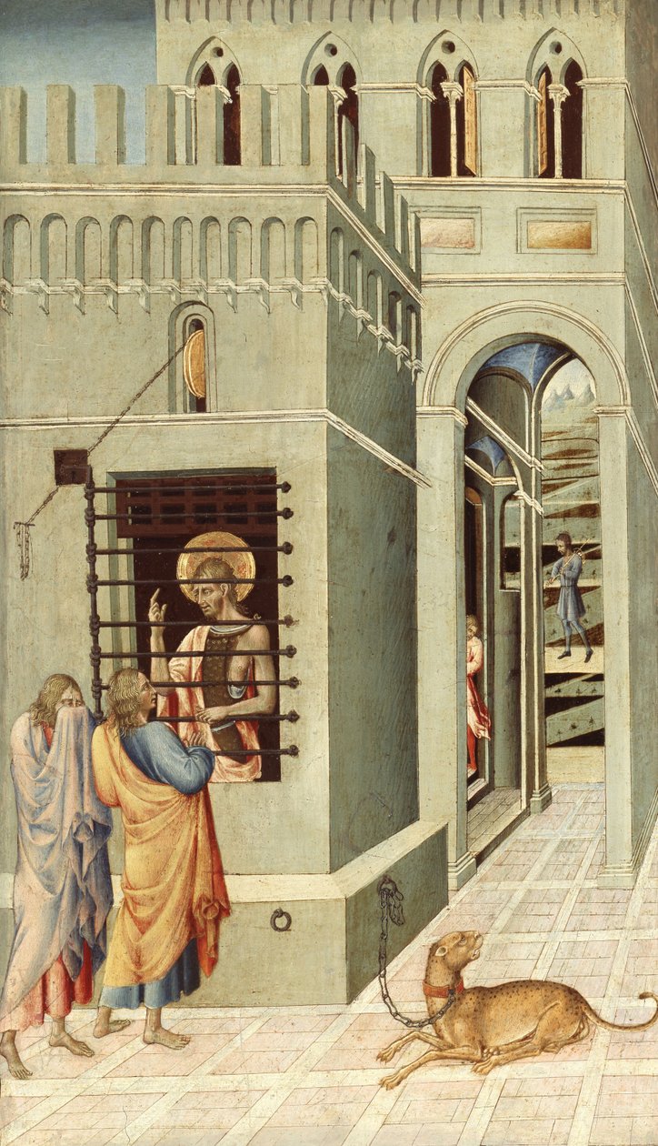 Johannes der Täufer im Gefängnis von zwei Jüngern besucht, 1455-1460 von Giovanni di Paolo