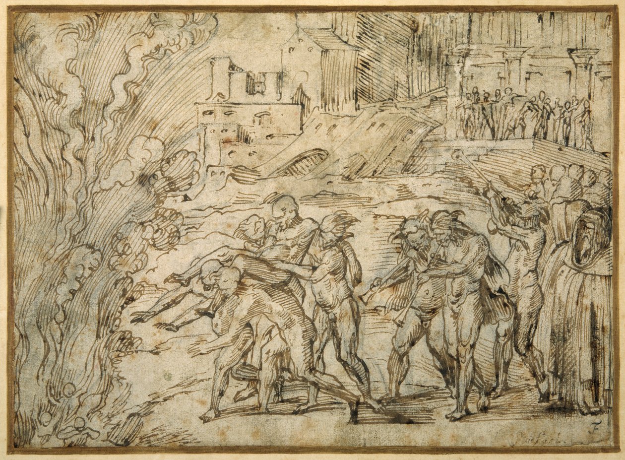 Der Scheiterhaufen vor Hannibals Truppen beim Fall von Saguntum von Girolamo Romanino