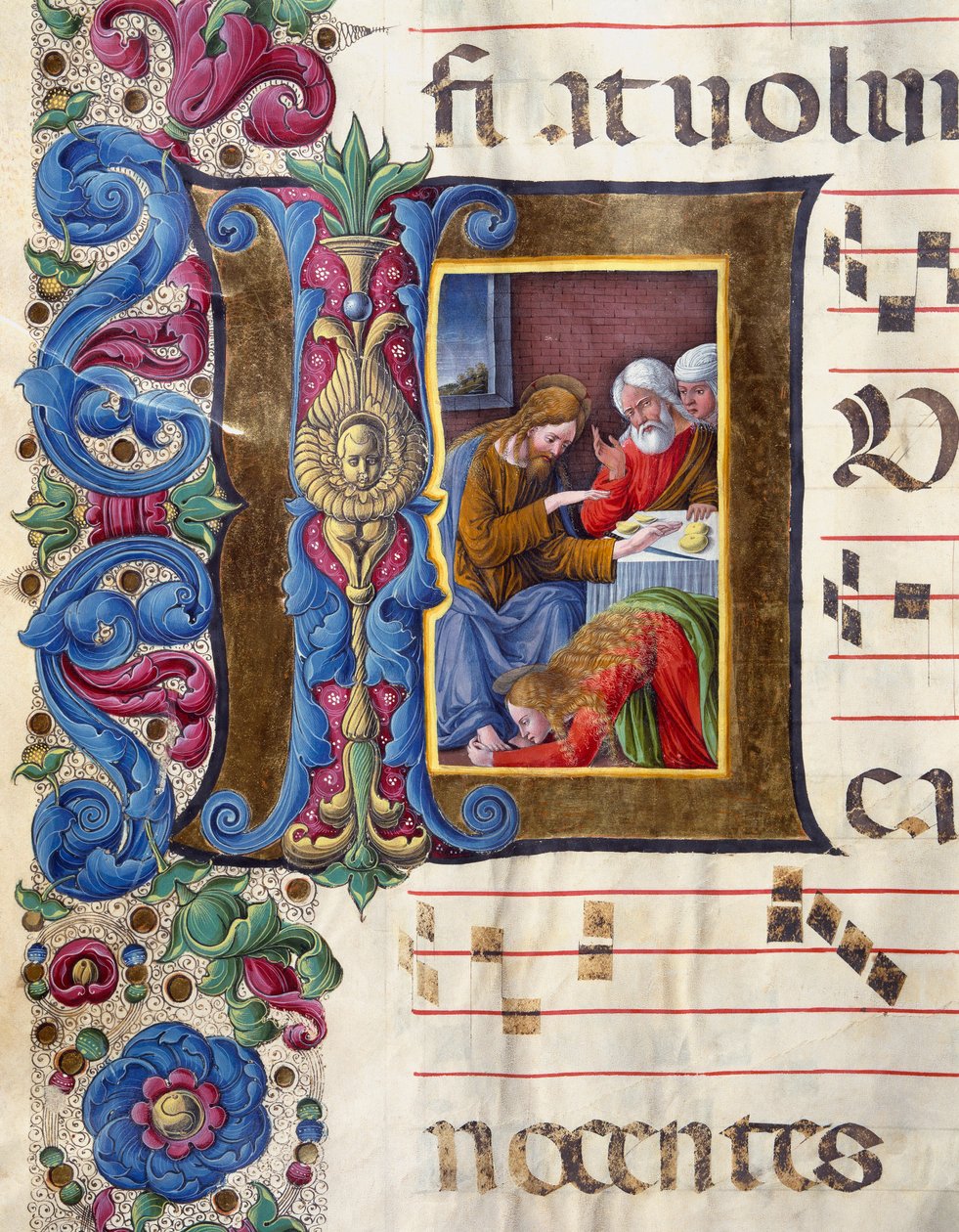 Illuminierte Initiale, die Maria Magdalena zu Füßen Jesu darstellt. Miniatur von Girolamo da Cremona (aktiv um 1451-1483) und Liberale da Verona (1445-1529) aus einem Chorbuch (Cod. 22/7. c.15v) aus der Kathedrale von Siena. 15. Jahrhundert von Girolamo da Cremona