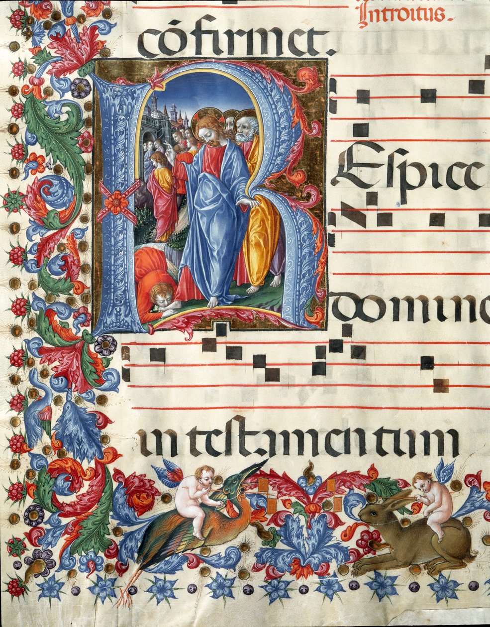 Illuminierte Initiale, die Christus und den Aussätzigen darstellt. Miniatur von Girolamo da Cremona (aktiv um 1451-1483) und Liberale da Verona (1445-1529) aus einem Chorbuch (Cod. 19/4. c.26.) aus der Kathedrale von Siena. 15. Jahrhundert von Girolamo da Cremona